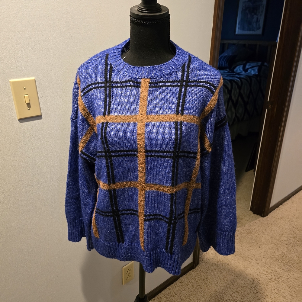 Nine West Blue and Orange Checkered Men's Sweater